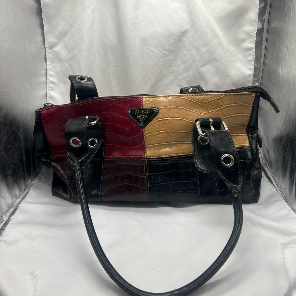 NYC patchwork purse in black red brown beige similar to Karl Lagersfeld.